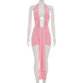 Metal Ring Ribbon Ruched Bodycon Mini Dress Women Solid Sexy Deep V Neck Lace Up Halter Backless Wrap Hip Slim Party Clubwear