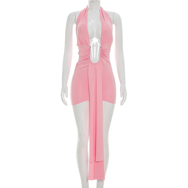 Metal Ring Ribbon Ruched Bodycon Mini Dress Women Solid Sexy Deep V Neck Lace Up Halter Backless Wrap Hip Slim Party Clubwear