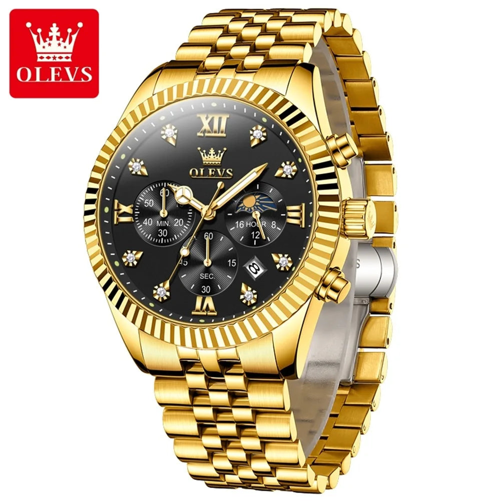 OLEVS Brand Luxury Gold Black Quartz Watch for Men Stainless Steel Waterproof Luminous Date Week Fashion Men Watches Reloj Hombr