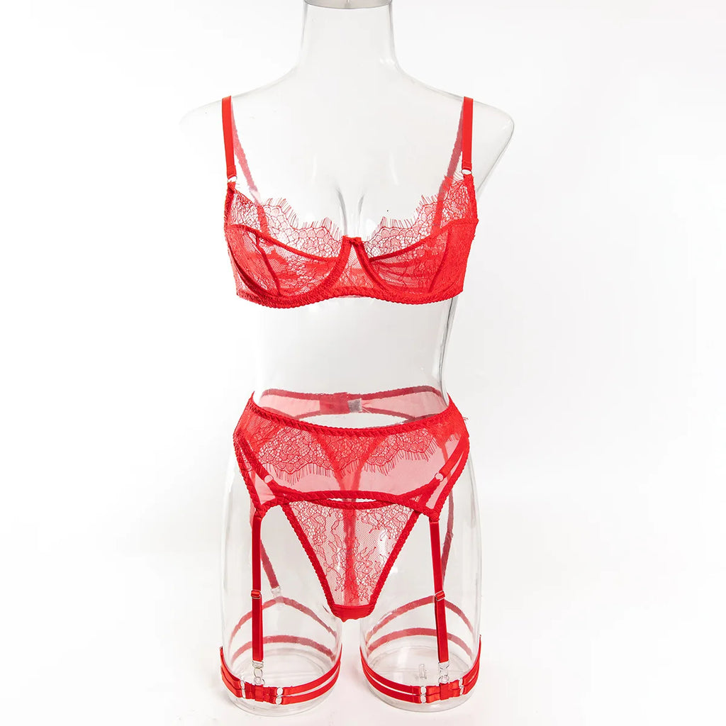 Ellolace Fancy Lingeries Sexy Hot Elegant Bra 3PC Set with Leg Circles Sissy Solid Color Intimate Eyelash Lace Patchwork Costume