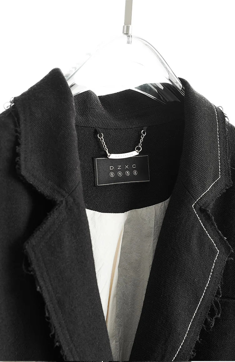 Custom Fabric Designer Style~Mysterious Black Blazer, Faux Two-Piece Fringed Oversized Jacket, Women's Casual Loose Top, New Spring 2026 Collection