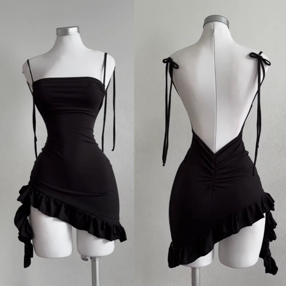 2025 Sexy Sleelveless Backless Mini Dress Women Summer Europe America Lace Up Bodycon Dresses High Street Party Club Black Dress
