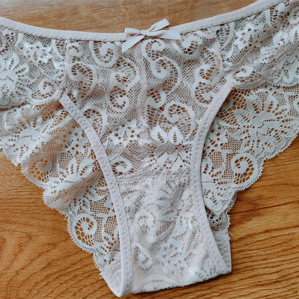 3Pcs/Set Sexy Panties Women Perspective Lace Underwear Hollow Out Breathable Briefs Cute Bow Intimates Lingerie Ladies Underpant