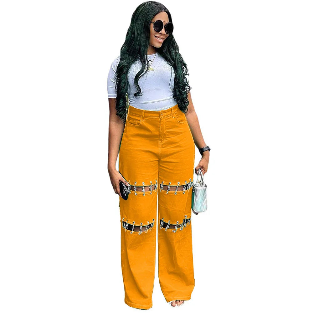High Waist Green Ripped Chain Decoration Patchwork Wide Leg Denim Pants Women Fashion Casual Personality Trendy Long Trousers