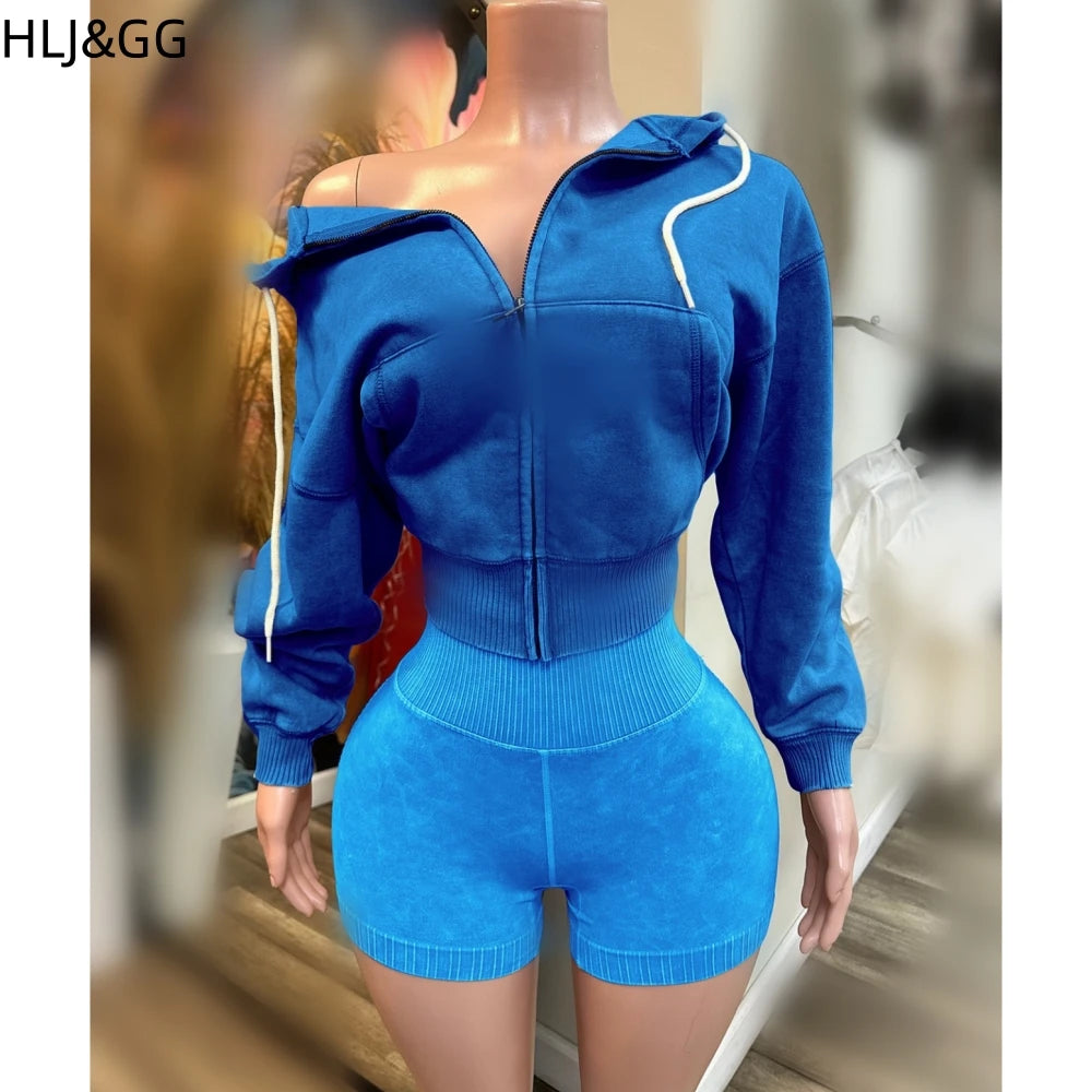 HLJ&GG High Quality Washed Casual Zip Hooded Two Piece Sets Women Long Sleeve Top+Biker Shorts Outfits Fashion Sporty Streetwear