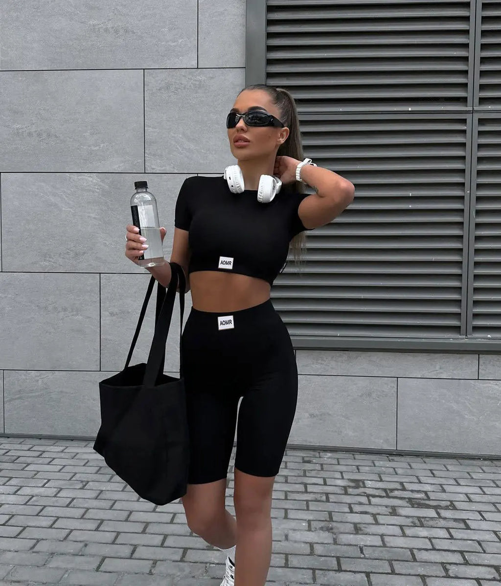 Spring Autumn Black 2 Two Peice Sets Tracksuit Women Outfits Long Sleeve Crop Top Trousers Skinny Sports Yoga Sets Itness Wear
