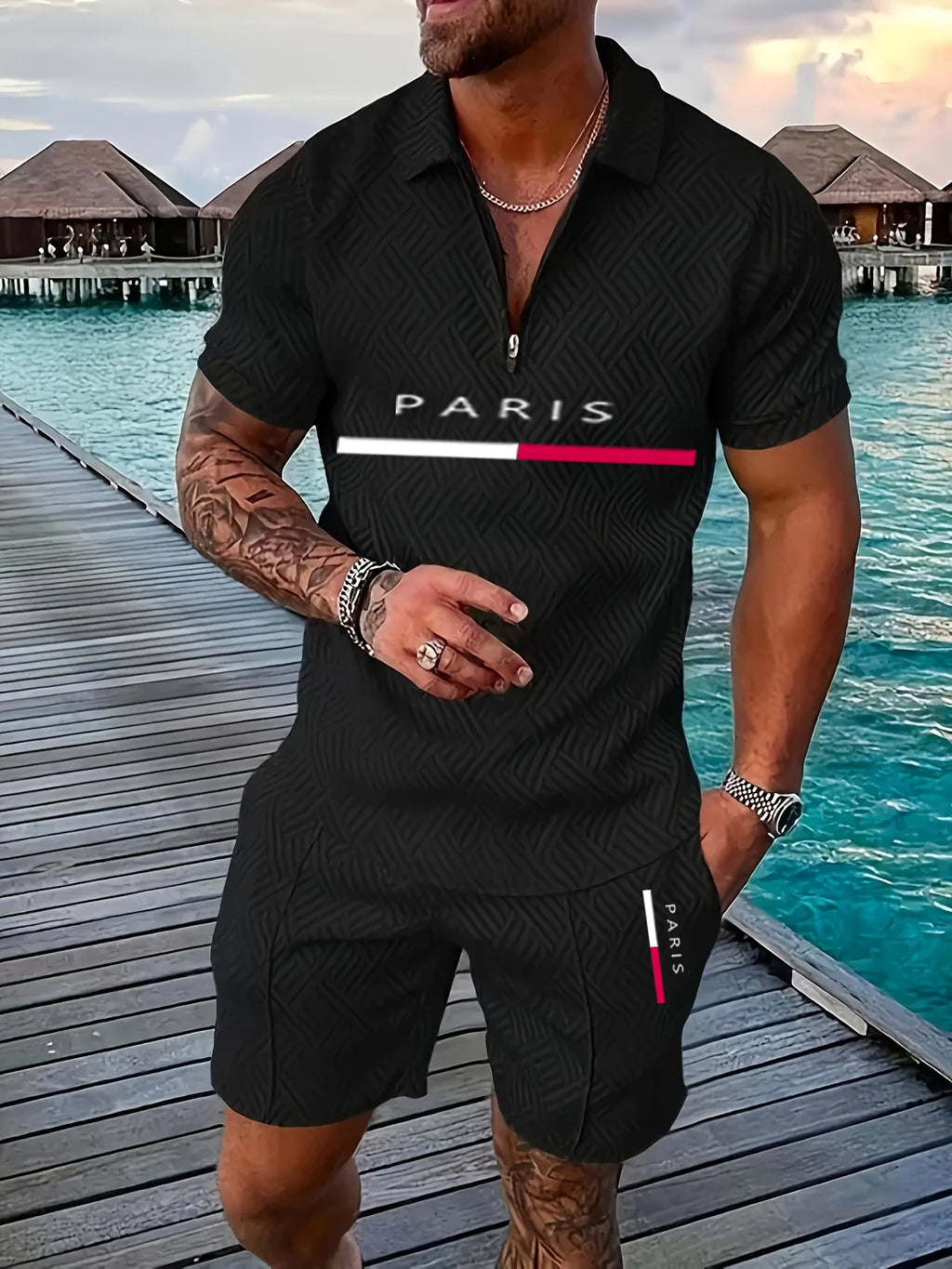 Fashion Luxury Men's Sets Casual Zip Short Sleeve Polo Shirts Shorts 2 Piece Outfit Men Sports Clothing Summer Street Loose Suit