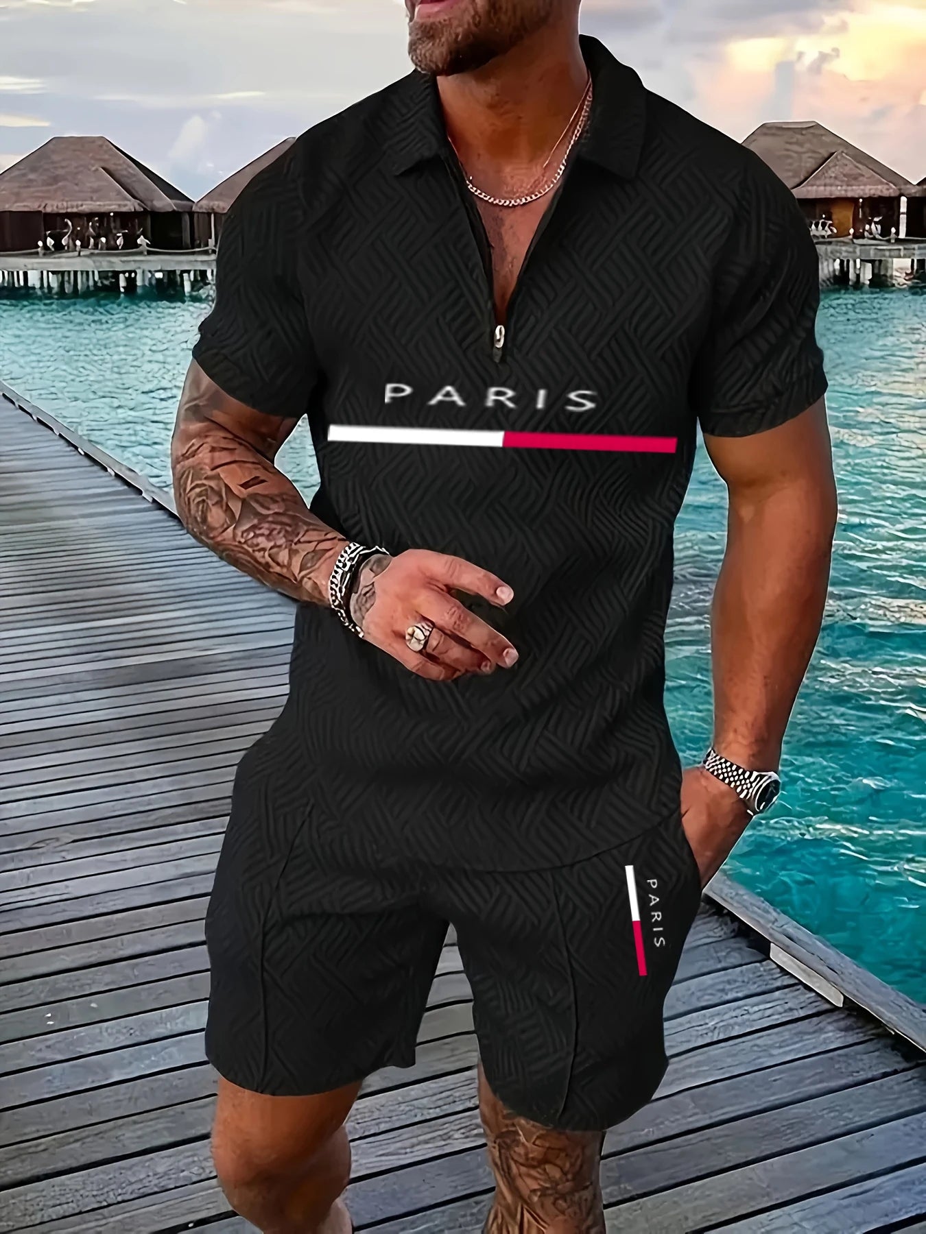 Fashion Luxury Men's Sets Casual Zip Short Sleeve Polo Shirts Shorts 2 Piece Outfit Men Sports Clothing Summer Street Loose Suit