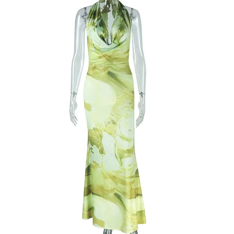 Women Sleeveless Ruched Halter V-neck High Waist Long Maxi Dress Print Birthday Night Club Party Vestidos Sexy Dresses