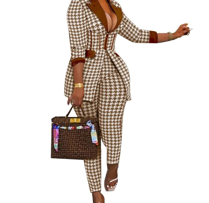 Sexy Two Piece Suit for Women Blazer and Pants Set Print Long Sleeves Coats and Trousers Streetwear Female Autumn Winter 2023