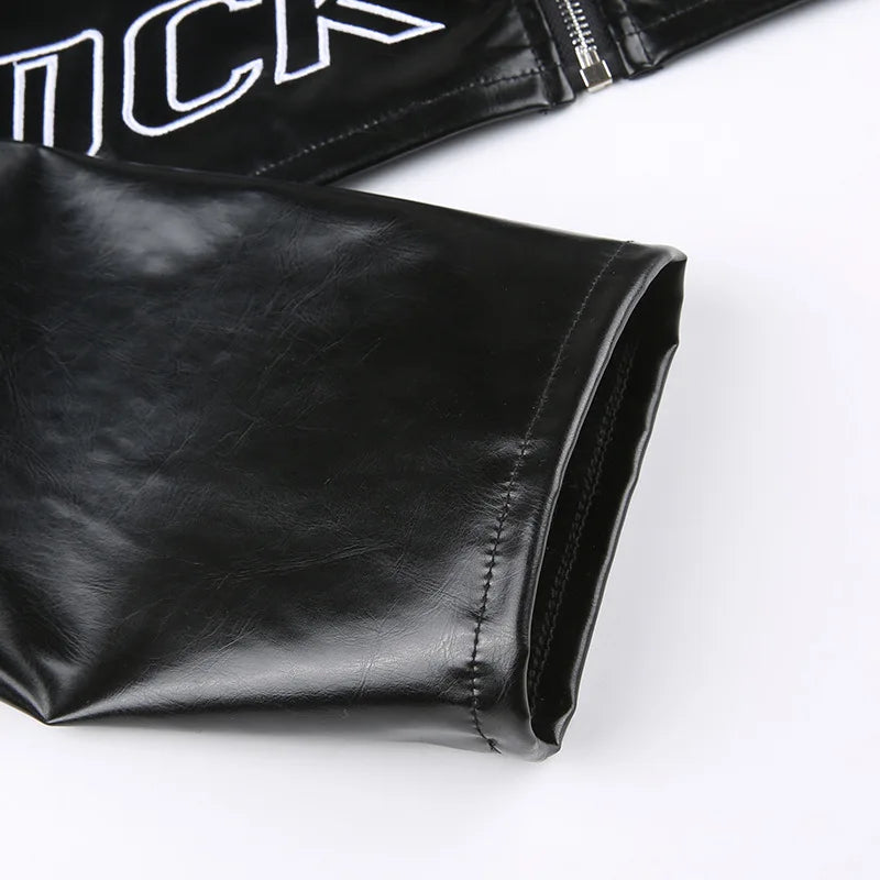 FAGADOER Y2k Punk Gothic Leather Jacket Women Cropped Lapel Letter Embroidery Moto Jackets Coat Short Female Streetwear 2025 New