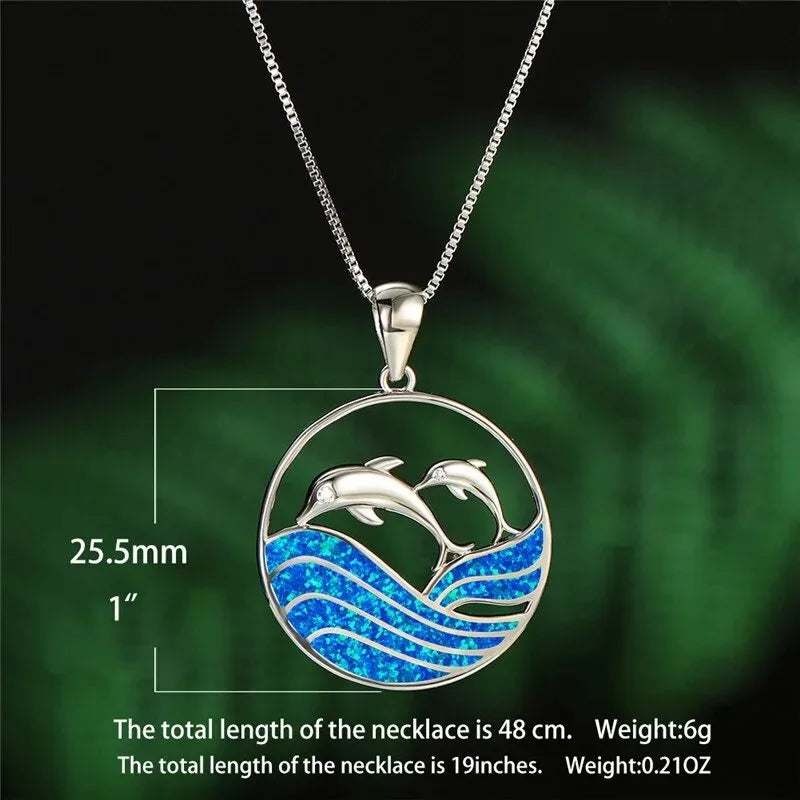 Boho Cute Sea Dolphin Pendant Necklace for Girl Statement Women Accessories Fashion Imitation Blue Opal Necklace Jewelry Gifts