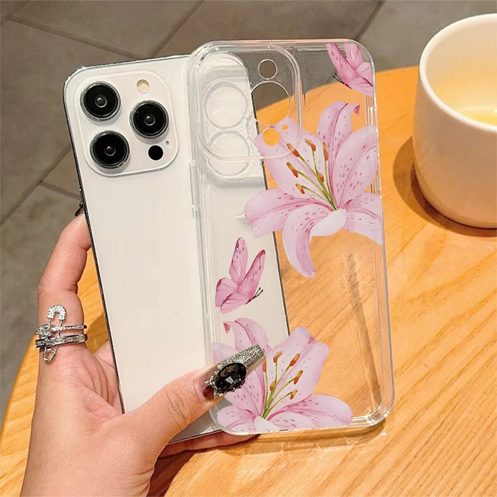 Ins Style Pink Flower Butterfly Phone Case For iPhone 11 12 13 14 15 16 17 Por Xs Max Mini 8 7 6 6s Plus 16e 17e Air Clear Cover