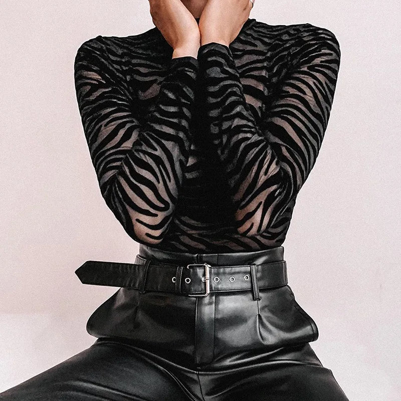 Shestyle Tiger Print Mesh Transparent Bodysuit Women Black Sexy Mock Neck Button Long Sleeve Spring Elastic Punk Body Slim
