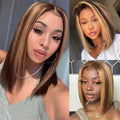 Straight Highlight Ombre Bob Wigs Human Hair 4/27 Honey Brown 13x4 Transparent Lace Front Human Hair Brazilian Wig Density200%
