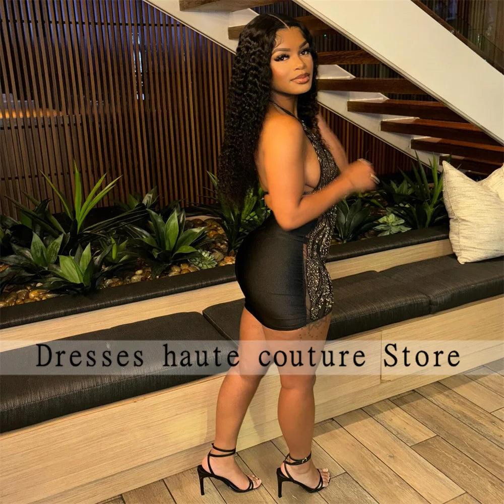 Black Diamonds Short Prom Dresses Black Girl 2025 Customized Rhinestones Crystal Birthday Party Gowns Cocktail Homecoming Dress