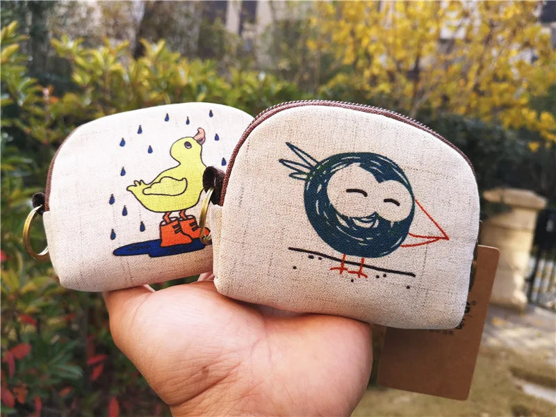 Cute Animal Canvas Coin Purse Short Shell Wallet Women Key Card Bag Kids Cartoon Lionmouse Fox Bear Dinosaur Small Change Purses