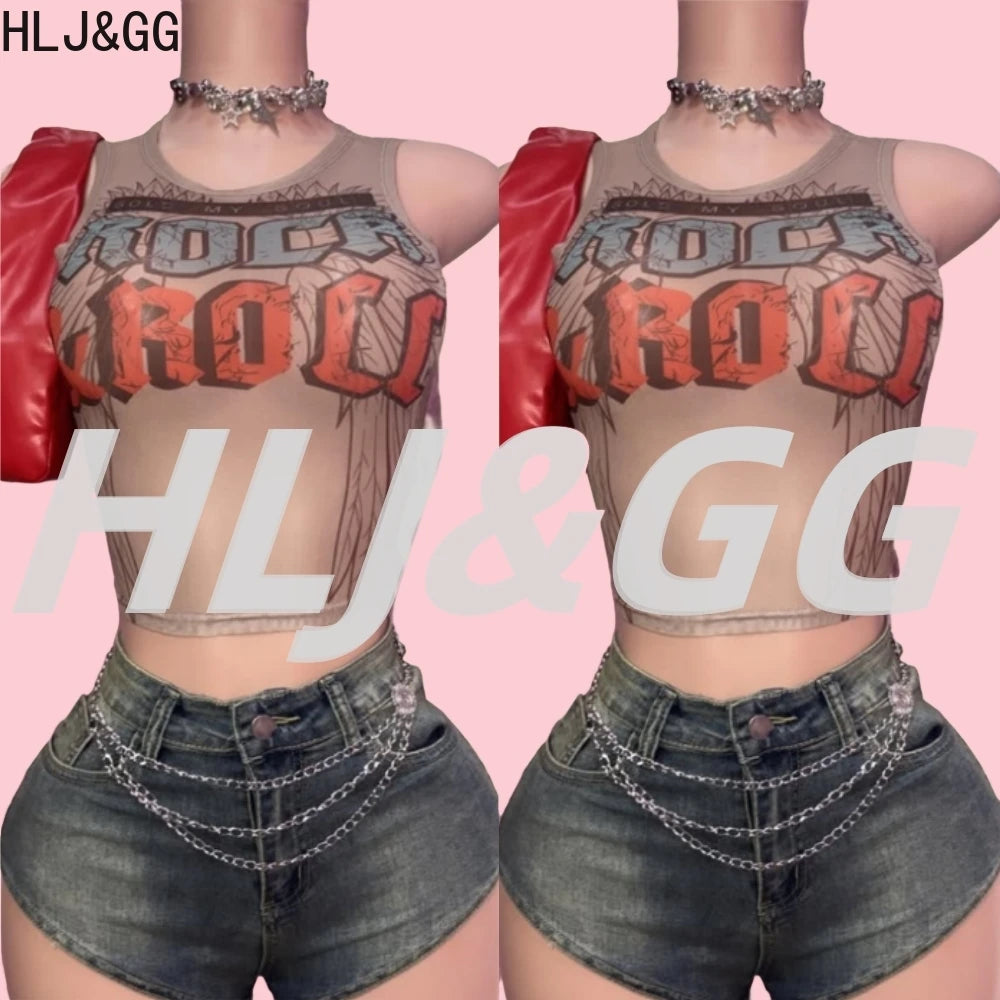 HLJ&GG Y2K Fashion Mesh Letter Printing Tank Top 3 Piece Sets Women Sleeveless Slim Vest And Denim Shorts Outfit With Chain 2025