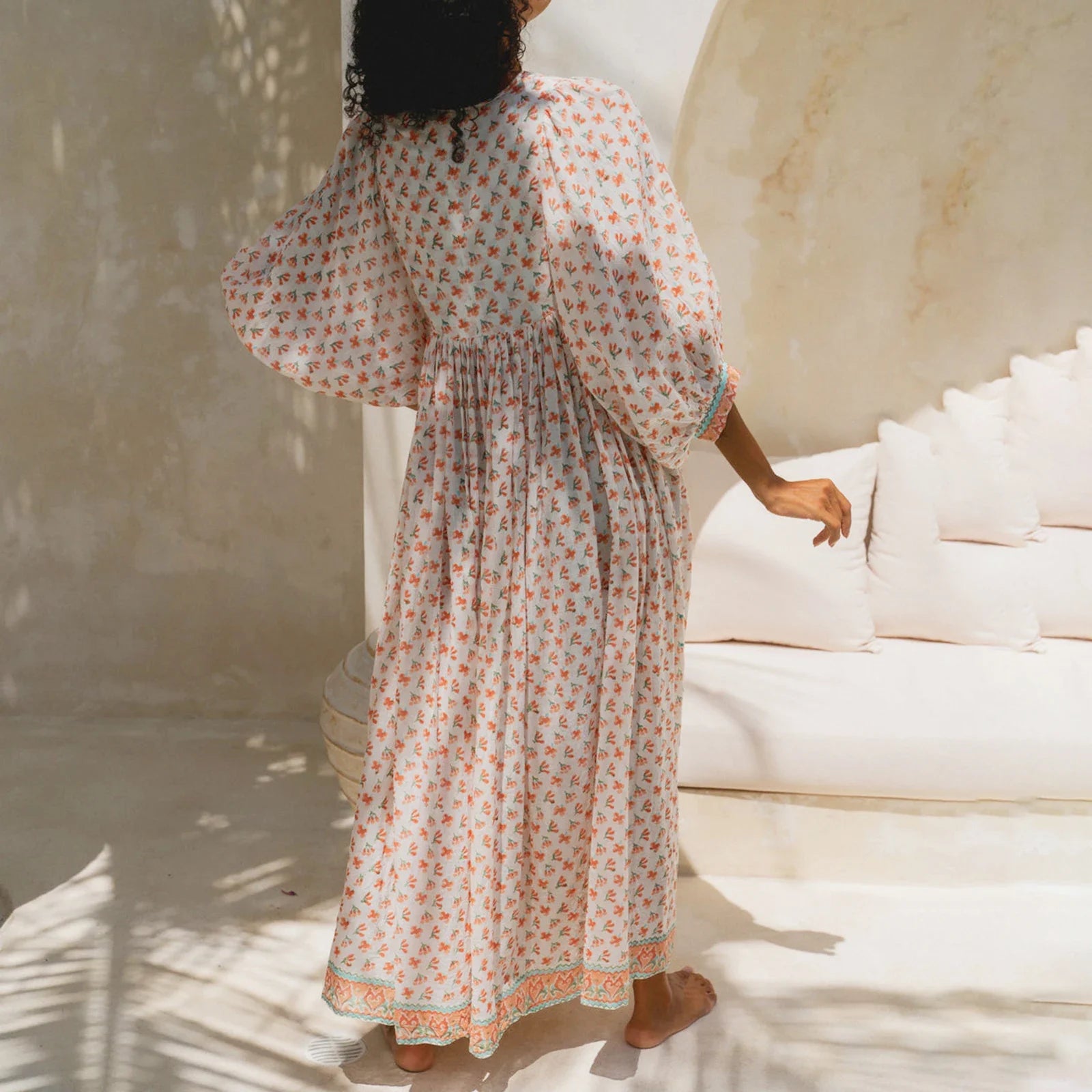 Women Floral Maxi Dress Y2k Boho Printed 3/4 Lantern Sleeve V Neck Dress Holiday Beach Loose Swing Sundress Party Clubwear