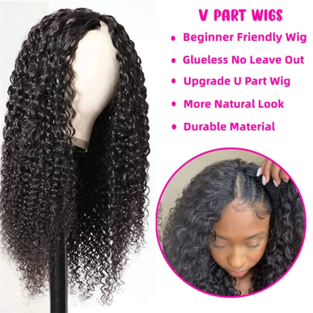Curly Wigs V Part Human Hair Wigs for Black Women Water Wave Wigs Glueless V Shape Wigs Beginner Friendly In Natural Color