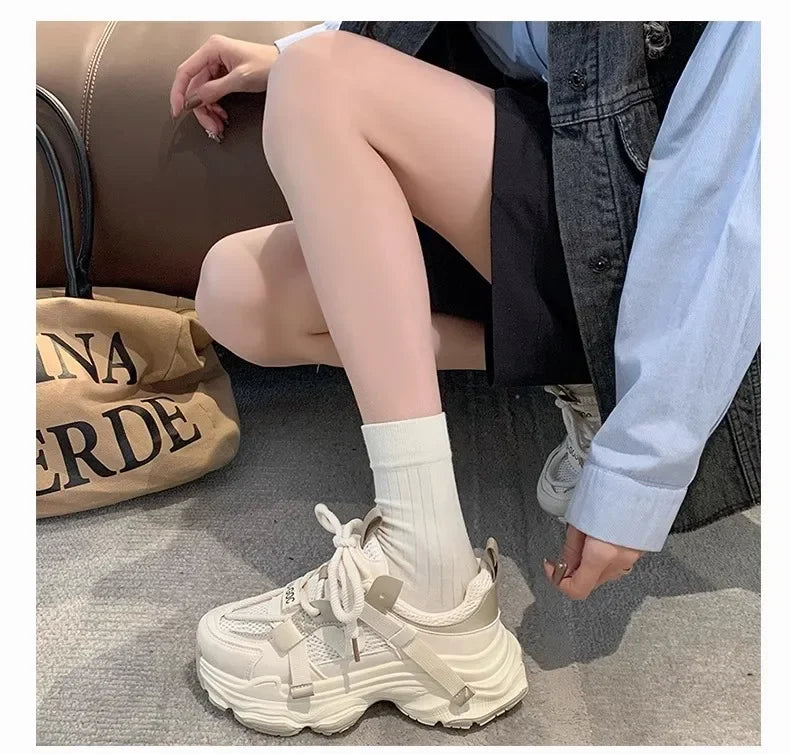Women's Chunky Sneakers  Breathable Mesh Platform Sports Shoes Woman Fashion Lace Up Thick Sole Casual Shoes Mujer 2024