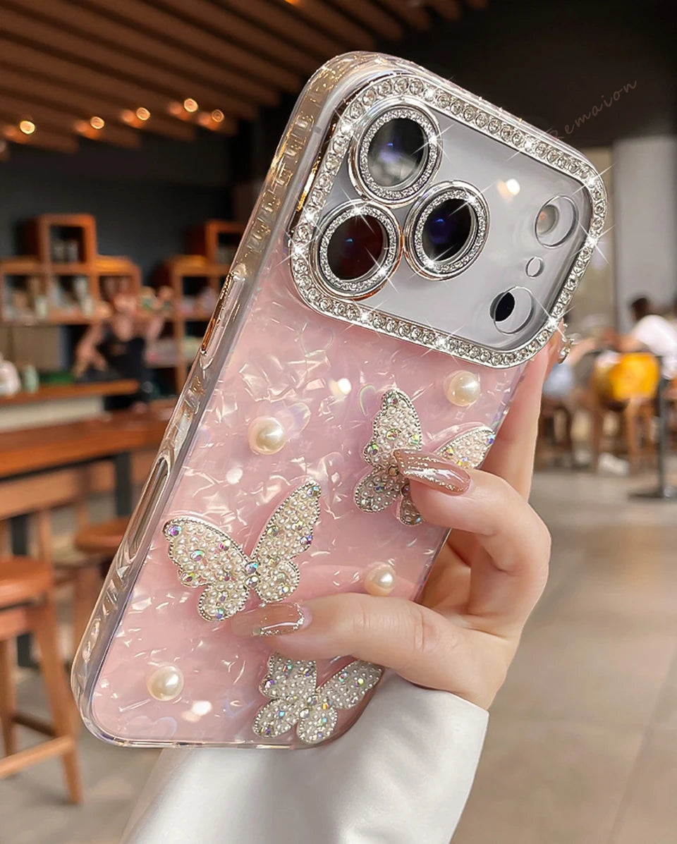 Diamond Bling Glitter Phone Case For iPhone 17 Air 11 12 13 16 Pro Max 15 14 16 Plus 17Pro Max Cute Butterfly Protector Cover