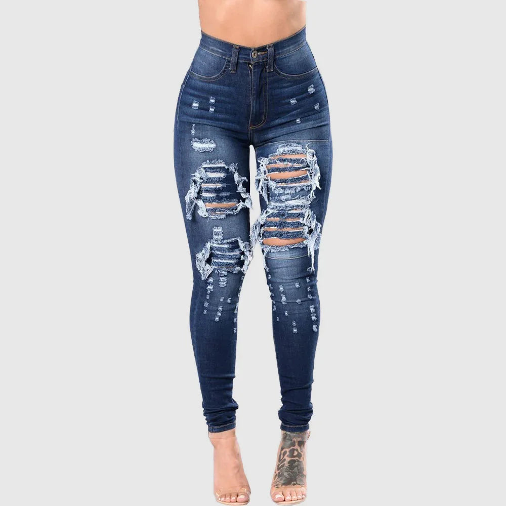 HOLE Denim Women 2025 High Waist Ripped Jeans for Women Skinny Black Pockets Jeans Woman Elastic Slim Jean Female Femme Pants