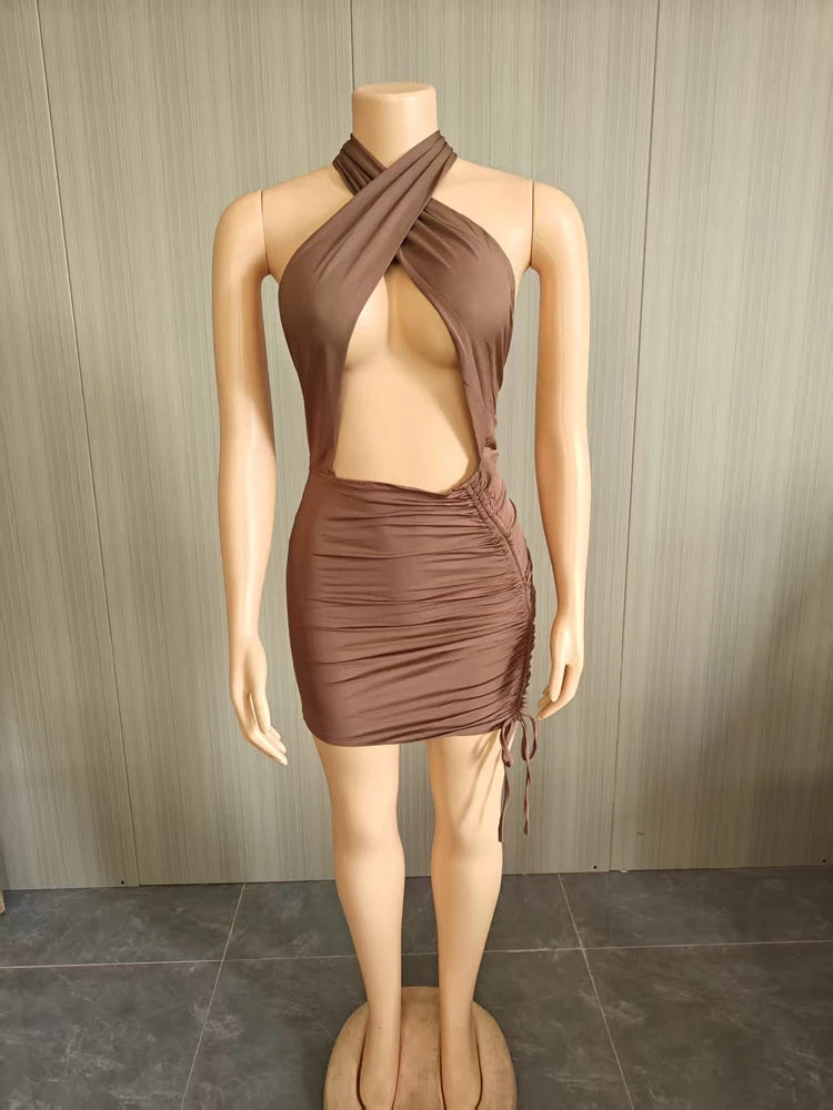 Sexy Strap Halter Deep V Neck Ruched Mini Dress Woman Backless Summer Bodycon Sleeveless Elegant Party Night Club Dresses