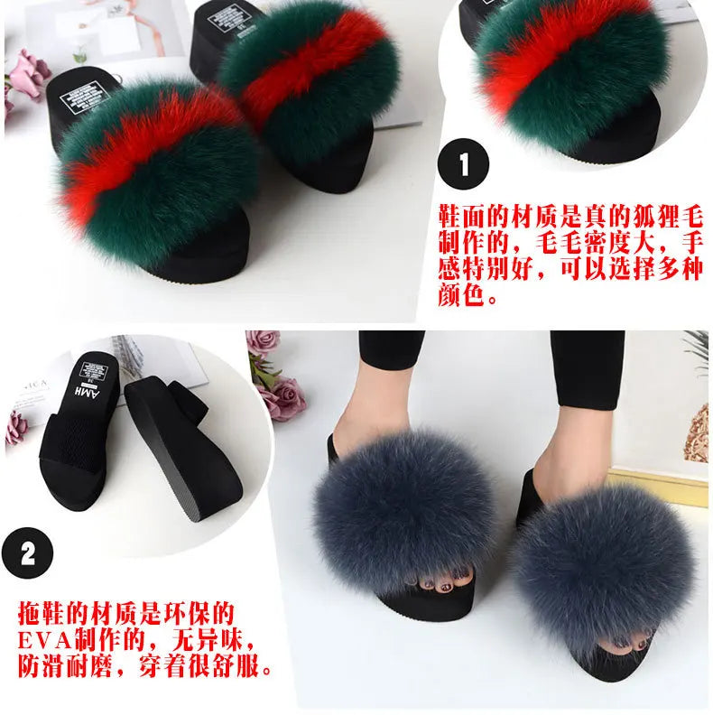 Women Fox Fur Slippers Woman Fashion Sandals Girls Casual Fur Slides 7cm Thick Sole Summer Platform Shoes Modern Slippers Wedges