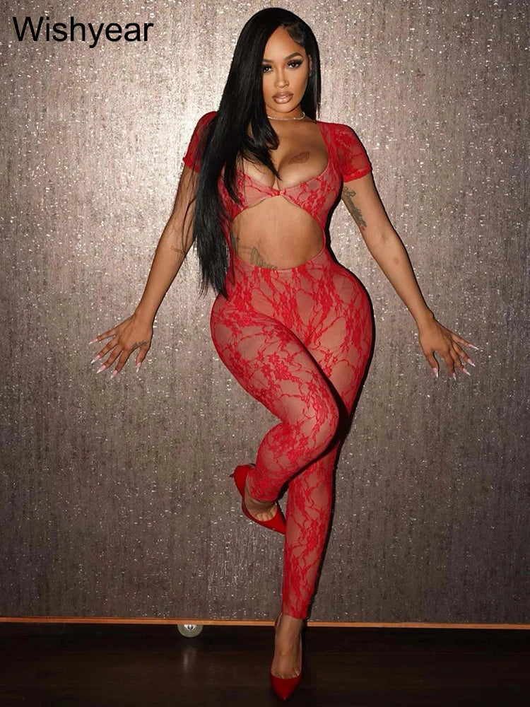 Sexy V-Neck Short Sleeve Hollow Out Night Club Party Rompers Women Hot Girl Evening Jumpsuit See Through Lace One Pieces Outfits