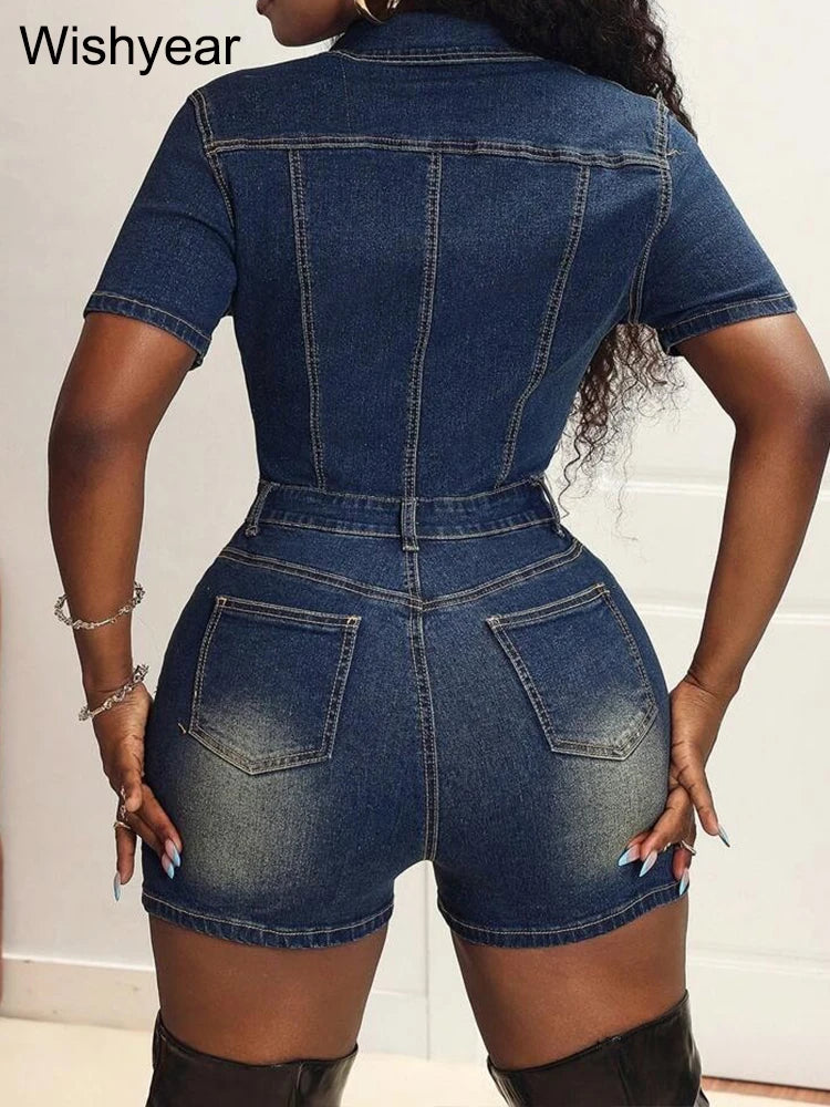 Fashion Denim Shorts Jumpsuits for Women Washing Short Sleeve Buttons Playsuits One Pieces Rompers Female Streetwear Overalls