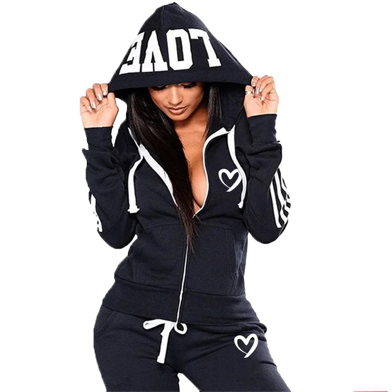Fashion Women Hooded Jacket Tracksuit Casual Zipper Hoodies and Trousers Sports Wear Two Piece Suits