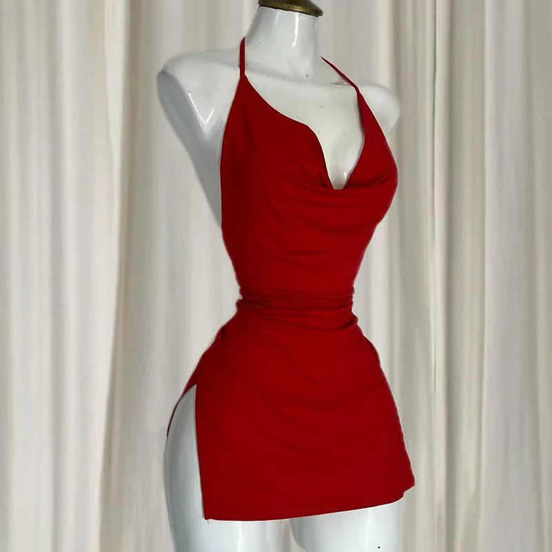 New Fashion Sexy Girl Dress Elegant Irregular Slim Sweet Korean Women Mini Dresses Nightclub V Neck Backless Bandage Dress