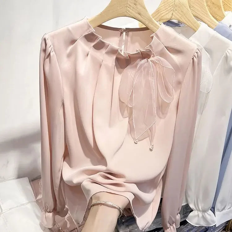 Women Stylish Ruffled Bow Lace Up Chiffon Blouses Office Lady Elegant Chic Commute Shirts Korean O Neck Long Sleeve Loose Tops