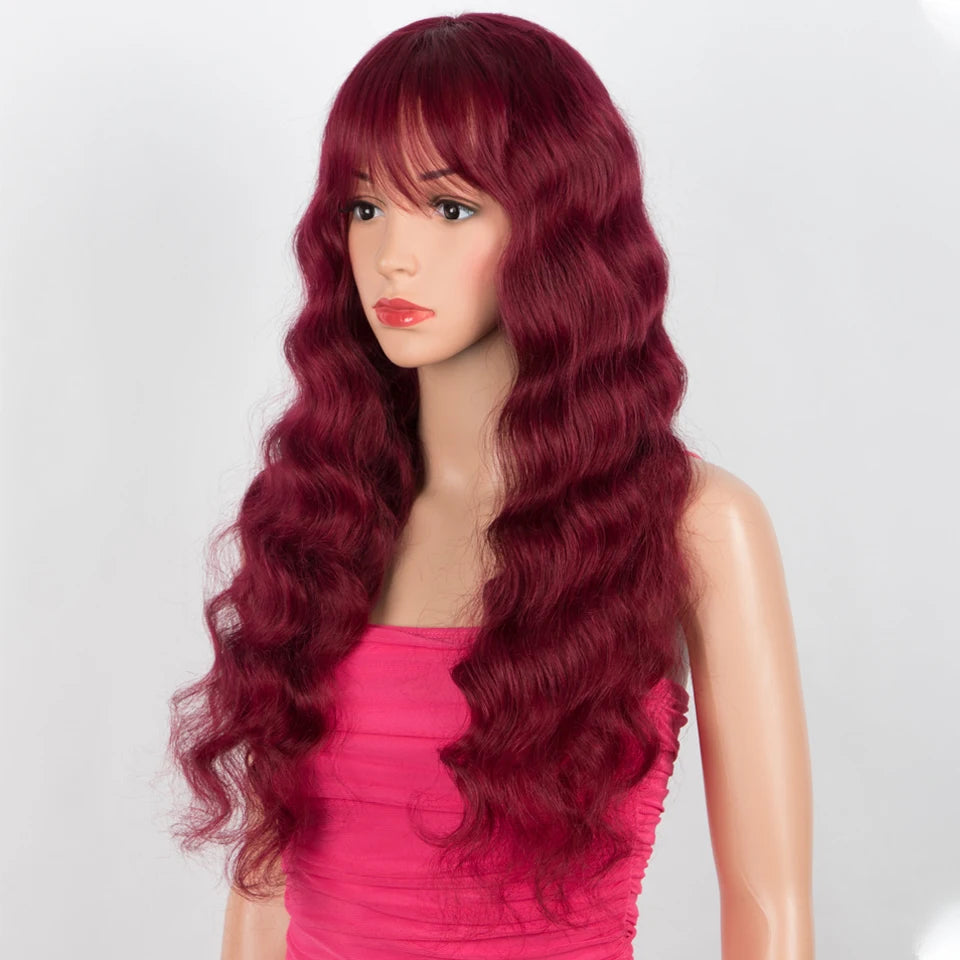 Lekker Burg Red Long Deep Wavy 100% Human Hair Wigs With Bangs For Women Brazilian Remy Hair Glueless Cosplay Colored Wigs