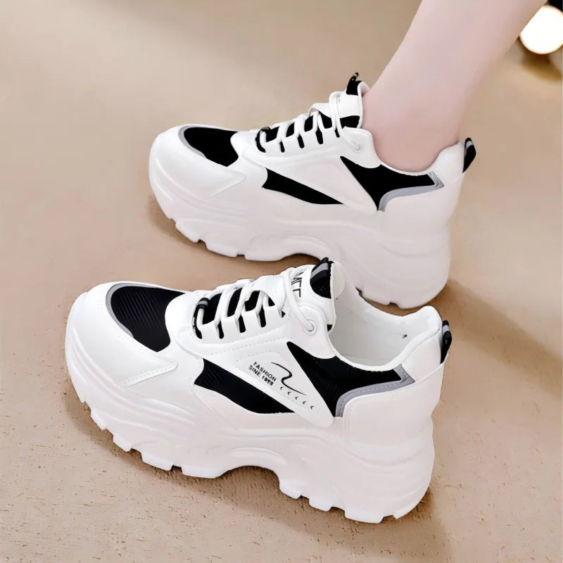 Women's Comfortable Chunky Dad Shoes Mesh Breathable Hidden Height Increasing Platform Sneakers Casual Lace-Up Sport White Shoes