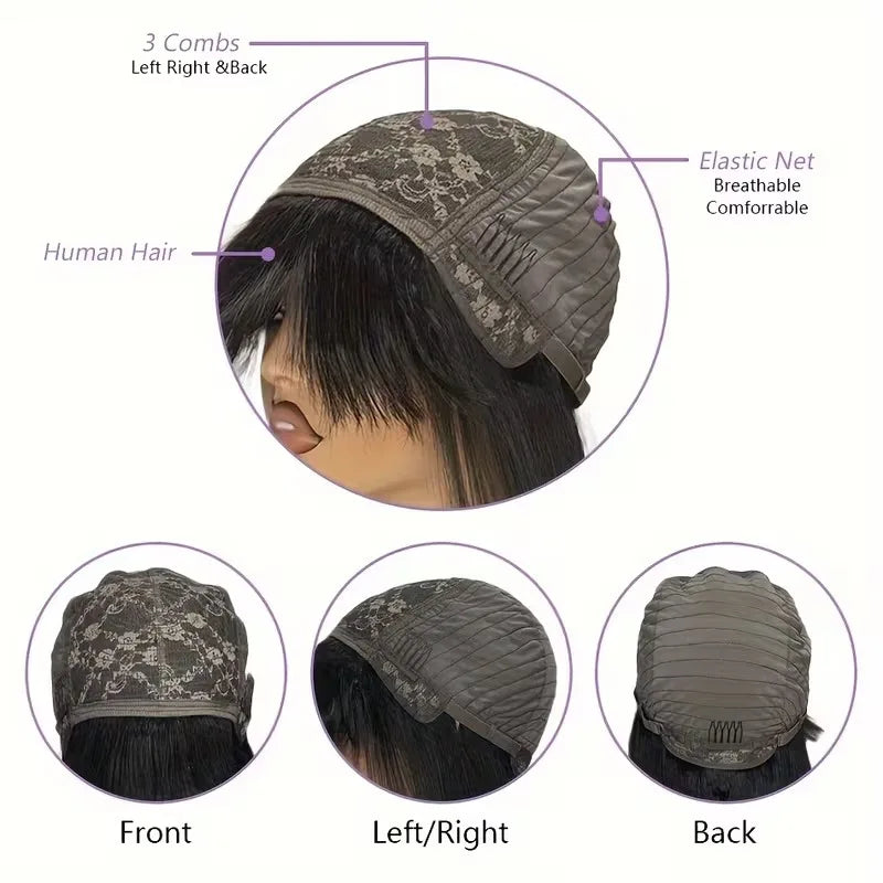 Human Hair Wigs with Bangs 32 Inches Full Machine Made Hair Wig Bone Straight 200 Density Glueless Wig Human Hair Non Lace Wig