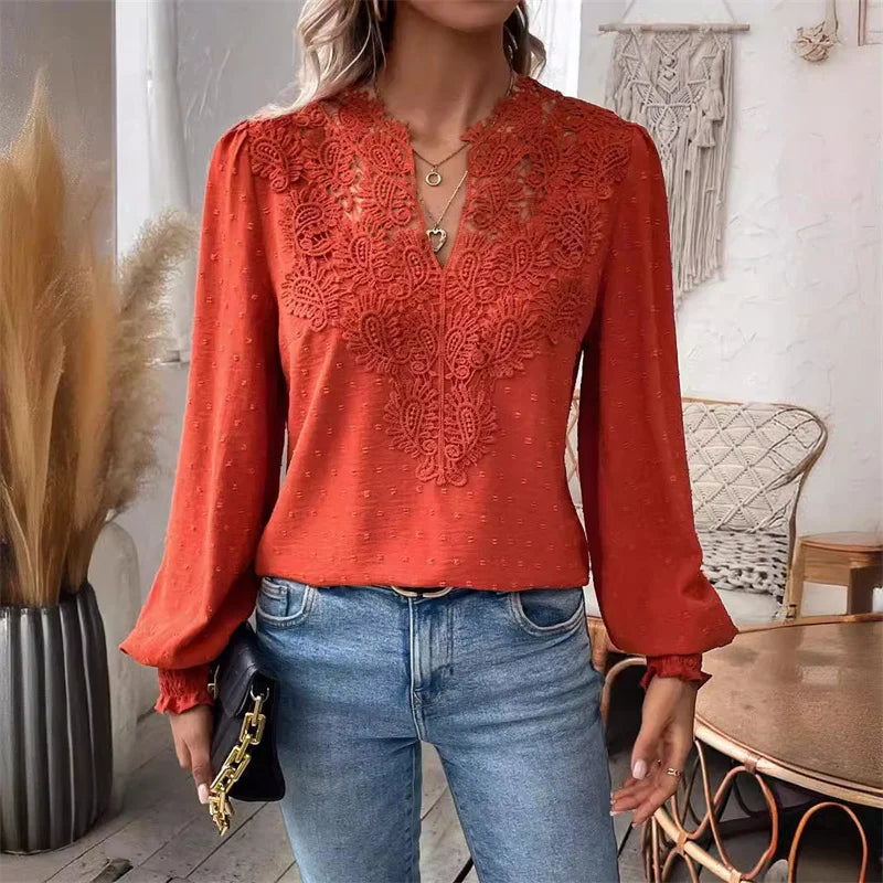 Elegant Hollow Out Lace Decoration Shirt Women Deep V Neck Pullover Blouse Female Solid Color Jacquard Lantern Long Sleeve Tops