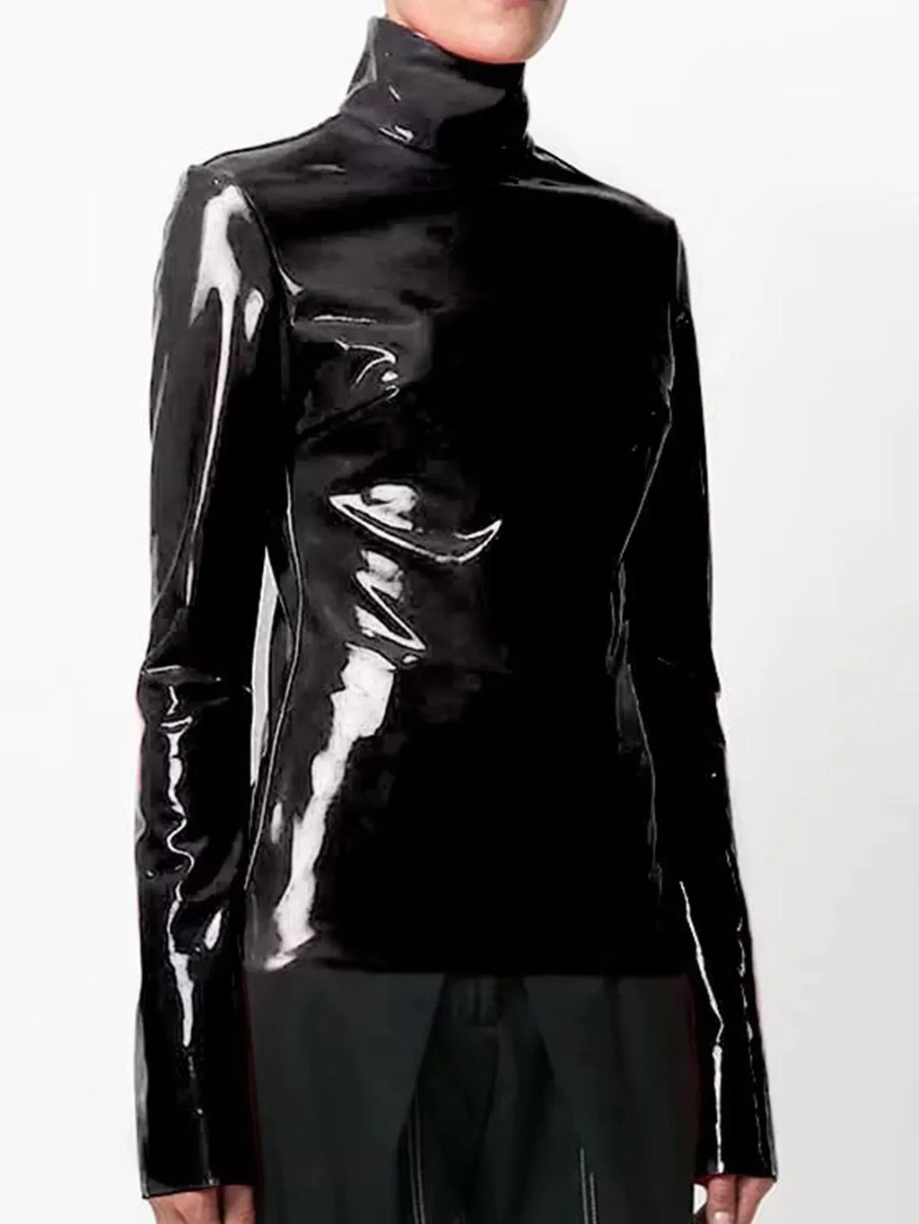 Women Shiny Faxu Leather Plus Size Turtleneck Tops Ladies Glossy Zipper PVC Pullover Black Red PU Leather 4XL 5XL 6XL Clothes