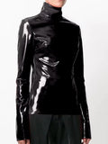 Women Shiny Faxu Leather Plus Size Turtleneck Tops Ladies Glossy Zipper PVC Pullover Black Red PU Leather 4XL 5XL 6XL Clothes