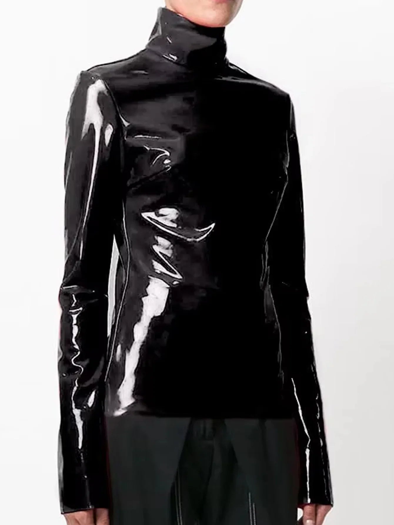 Women Shiny Faxu Leather Plus Size Turtleneck Tops Ladies Glossy Zipper PVC Pullover Black Red PU Leather 4XL 5XL 6XL Clothes