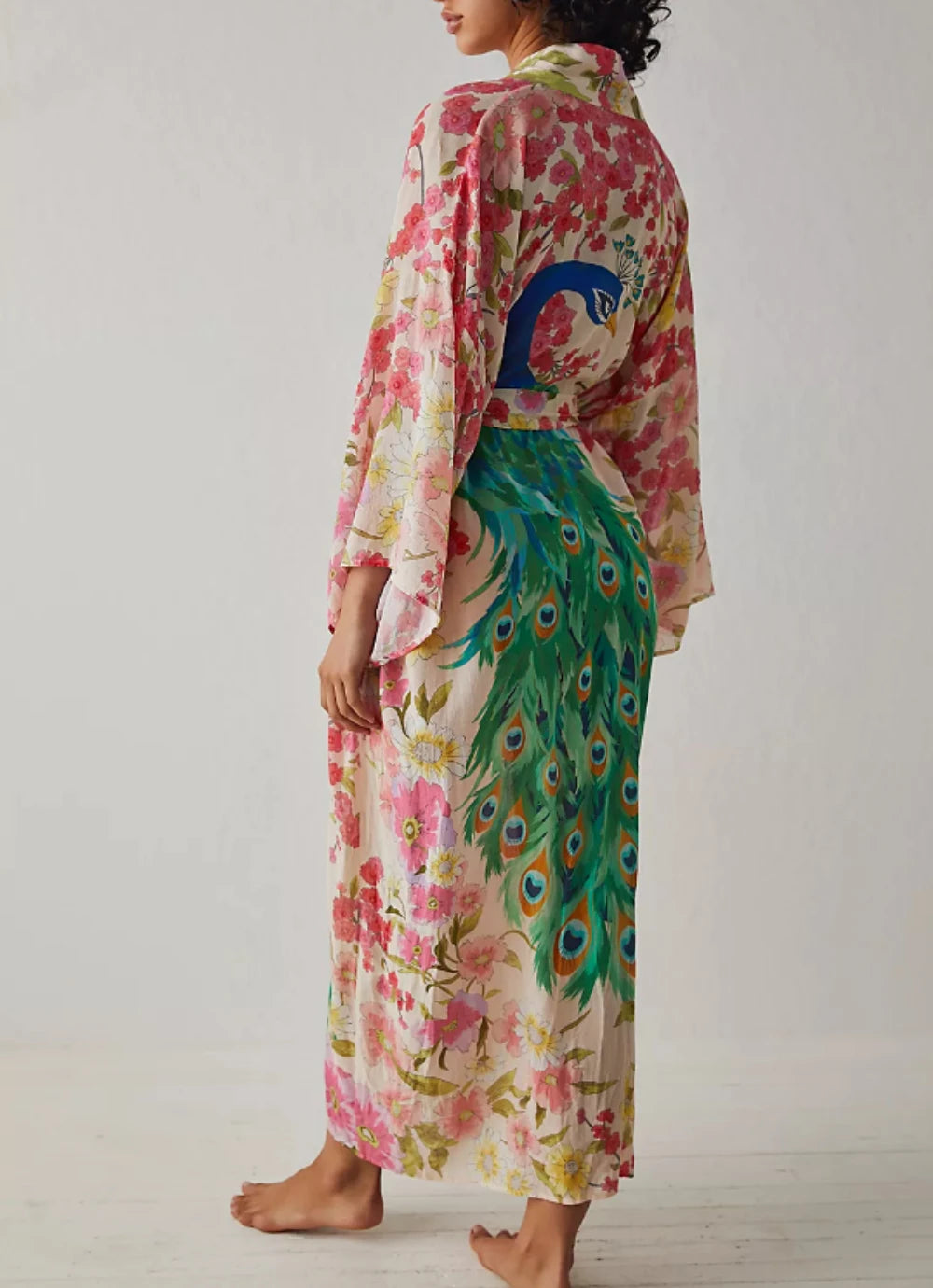 Happie Queens Women Peacock Floral Print Bat Sleeve Beach Bohemian Kimono Robe Ladies V Neck Summer Bikini Boho Cover-ups