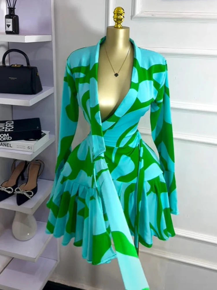 Elegant Women Tie Dye Print Flare Long Sleeve Wrap V-neck with Sashes Ruffle Dress 2026 Elegant Vacation Party Birthday Dresses