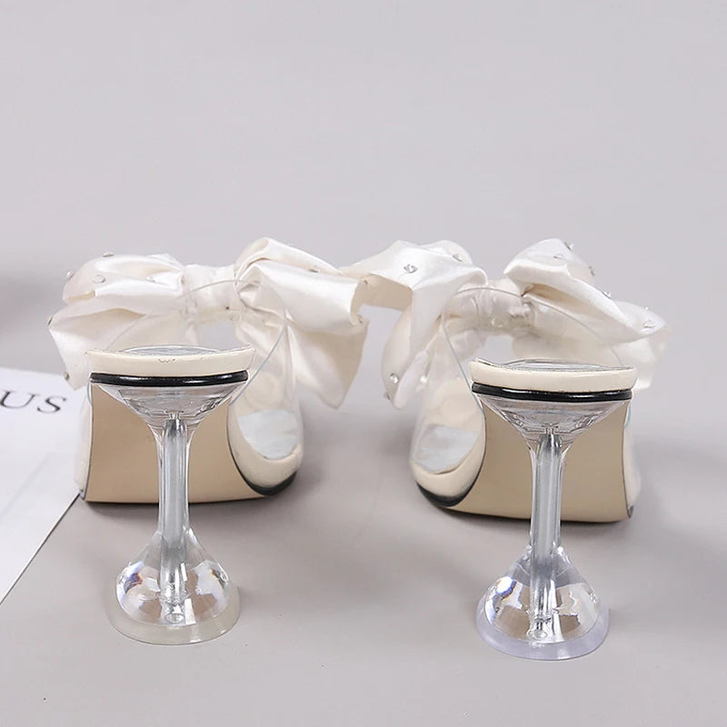 2025 New Fashion Crystal Bow High Heels Slippers Shoes Woman Sexy PVC Transparent Sandals Women Slides Open Toe Pumps Blue Black