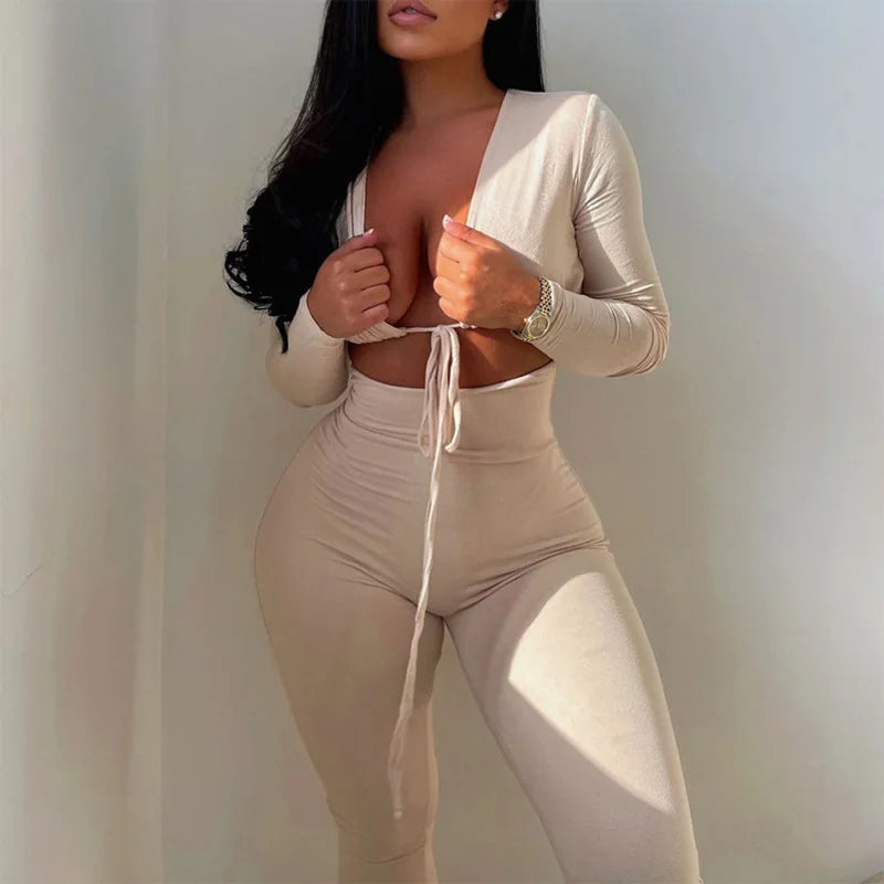 Summer Y2K Streetwear Women's Sexy Hollow Out Jumpsuits Bandage Tie Long Sleeve Bodycon Playsuits Women Clothes Gothic Rompers