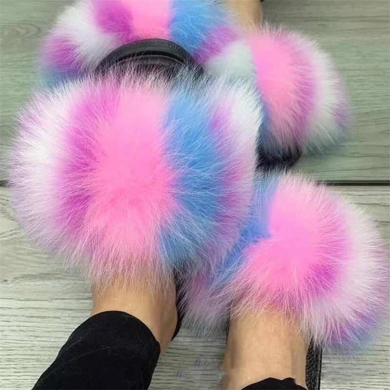 Women Summer Real Fox Fur Slippers Colorful Real Fur Slippers Flat Bottomed Anti Slip Fur Ladies Shoes Outdoor Designer Shoes
