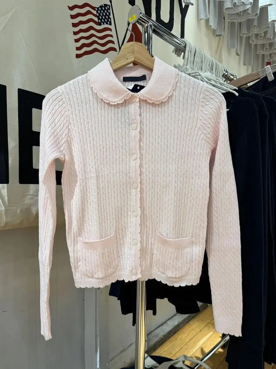 Pockets Gray Knitted Sweater Cardigan Woman Round Neck Long Sleeve Cotton Sweaters Autumn Sweet Preppy Style Knitwear Y2k Top