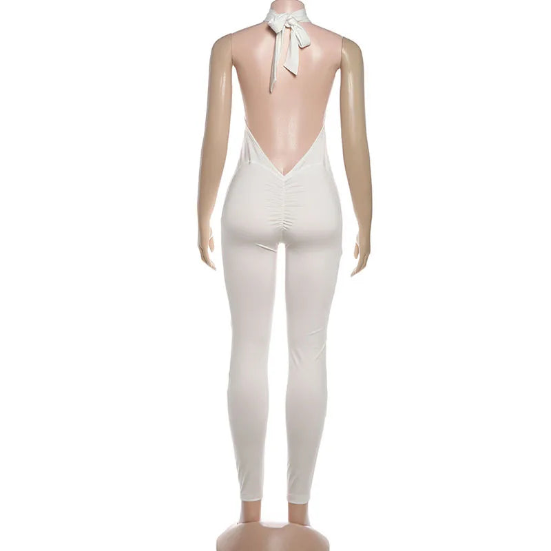 Sexy Skinny Jumpsuits Women Lift Buttocks Jumpsuit Solid Color Bandage Backless Halter Slim Yoga Fashion Overalls Streetwear