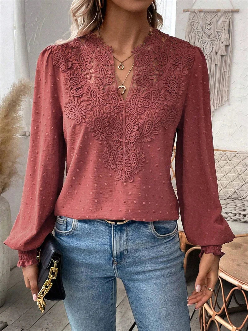 Elegant Hollow Out Lace Decoration Shirt Women Deep V Neck Pullover Blouse Female Solid Color Jacquard Lantern Long Sleeve Tops