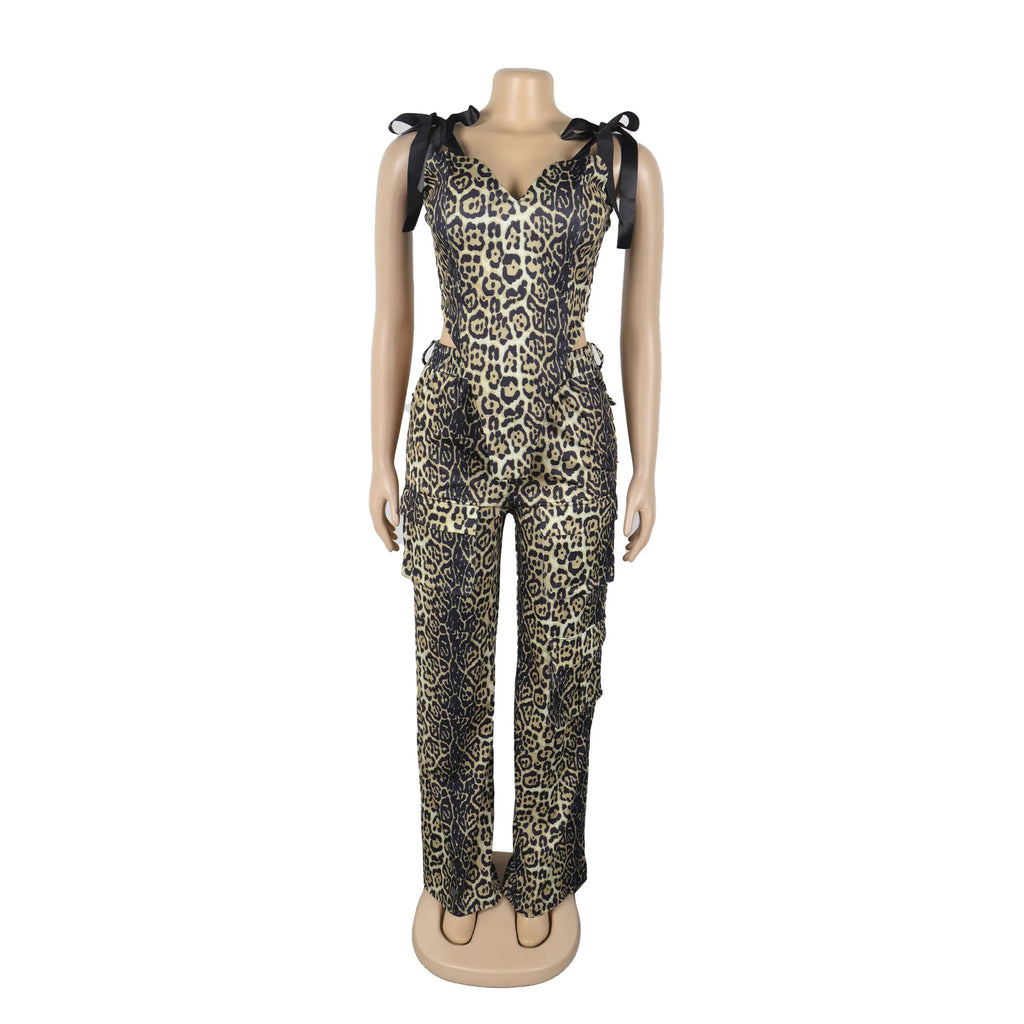 Two Pieces Women Pant Sets Print Matching Set Drawstring Pockets Sleeveless Top Elastic Waist Pants Slim Fit Casual 2026 Spring